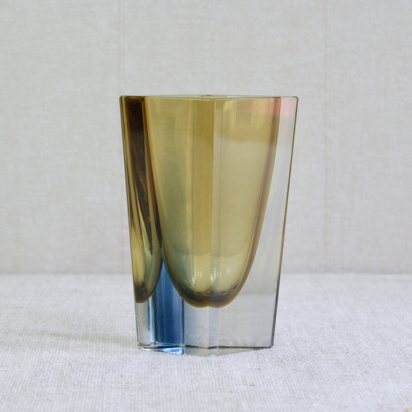 Multicolored blue, yellow, and clear glass model KF 215 'Prisma' vase, signed by designer Kaj Franck. Made by leading Finnish glassworks Nuutajärvi Notsjö in the 196os. For sale in the UK from Nordic design gallery Art & Utility.