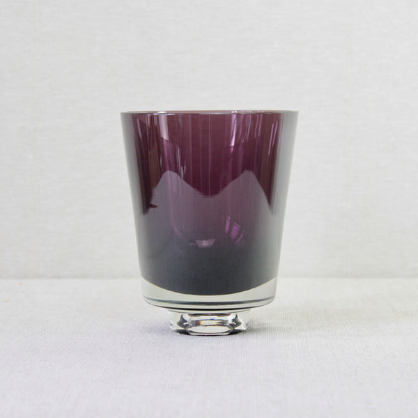 A substantial hand-blown model KF 268 vase in tyrian purple and clear glass, designed by Kaj Franck for Nuutajärvi Notsjö, Finland. Mid-Century Modern glassware for sale in the UK.