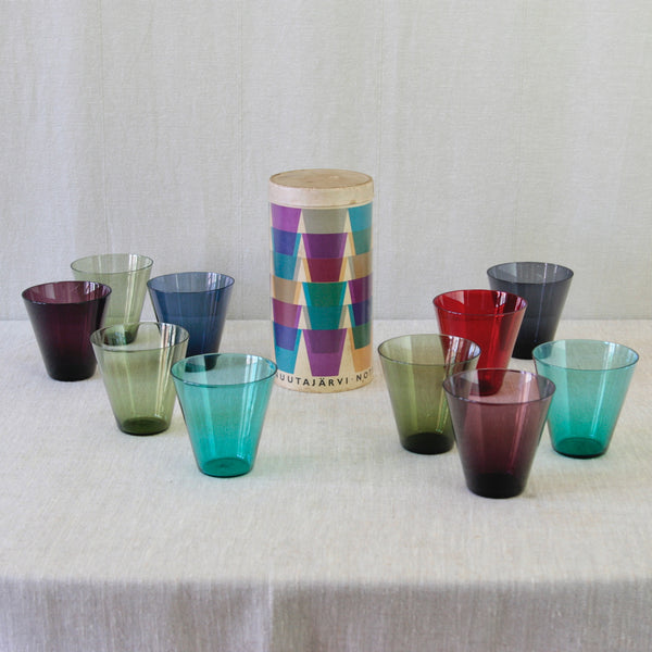 Multicoloured Kaj Franck model 2744 glasses in purple, turquoise, blue, green and red, made by Nuutajärvi Notsjö in 1950s Finland.