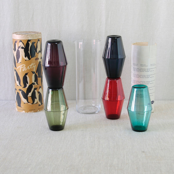 Ten colourful model 2744 Kimara cocktail glasses from Kaj Franck's Party-set for Nuutajärvi, arranged together as a complete set.