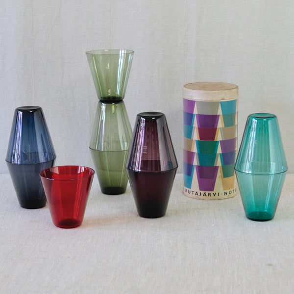Kaj Franck Rare Boxed Kartio gift set, pairing simple Modernist cocktail glasses with colourful mid-century graphic packaging.