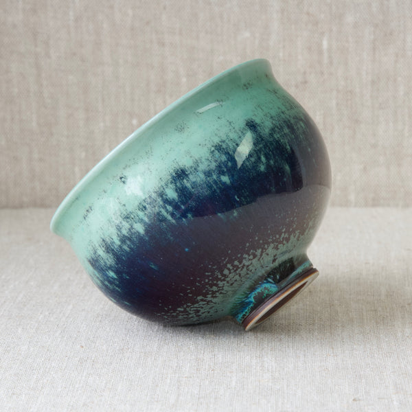 Inky sapphire glaze on Berndt Friberg large stoneware bowl from Gustavsberg Sweden