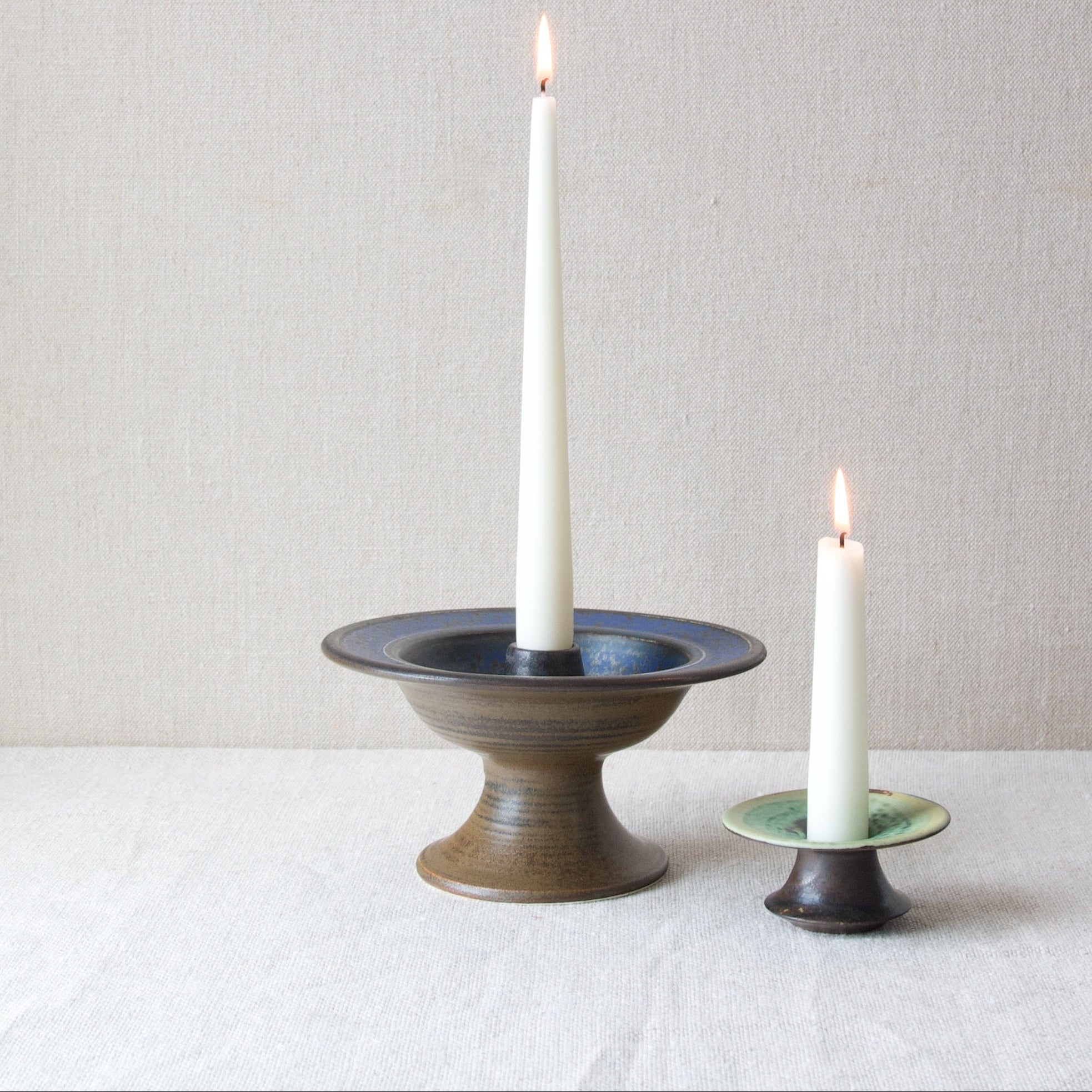 Two Finnish studio ppottery candle holders, Anja Juurikkala and Liisa Hallamaa, Arabia