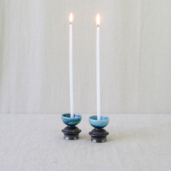 Handmade Arabia studio ceramics by Liisa Hallamaa, a matching pair of sculptural stoneware candleholders from circa 1960.