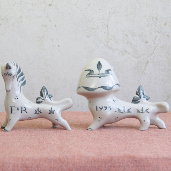 1953 Susan Parkinson lion and unicorn, early Coronation commemorative ceramic figures.