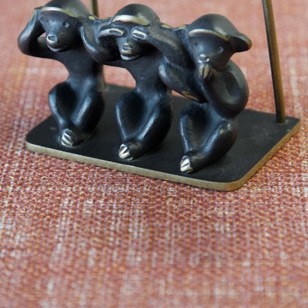 Vintage Three Wise Monkeys macaques letter rack holder designed by Walter Bosse and produced at Herta Baller, Vienna, Austria. 