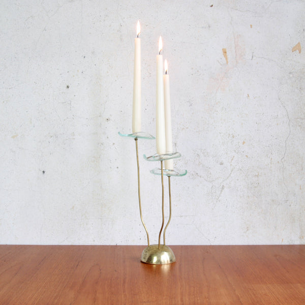 Scandinavian vintage candle holder with flower-inspired drip pans in green glass. Takes 3 dinner candles.
