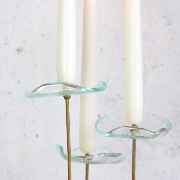 Unique handmade Swedish brass and glass candlestick with abstracted flower stems.