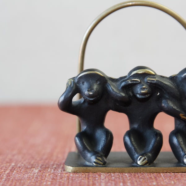 Mid Century Modern Walter Bosse patinated brass letter holder depicting three wise macaque monkeys.