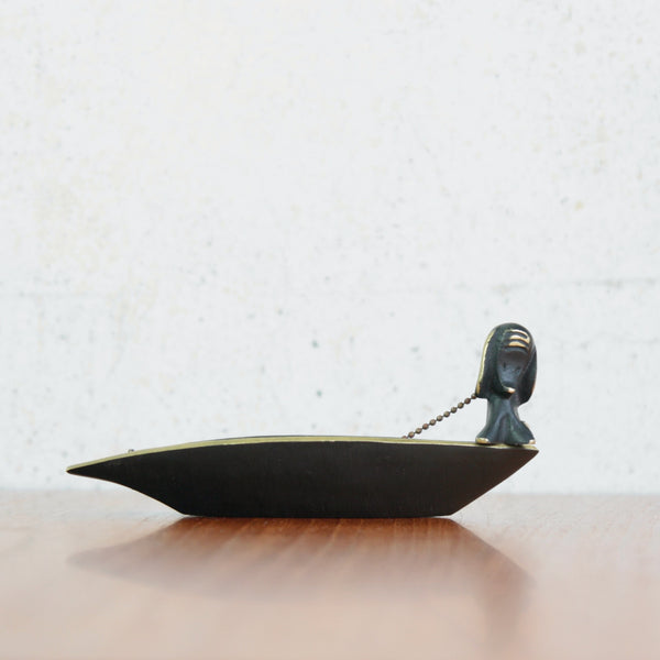 Walter Bosse vintage brass boat tray and dog figurine, early 1950s Vienna. Playful and functional mid-century design.