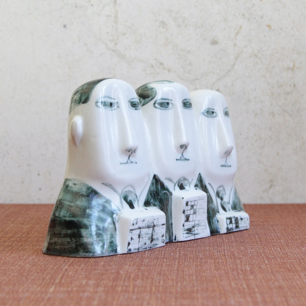 From the side, rare English Modernist ceramic figure group The 8.15, designed and made by Susan Parkinson in the early 1950s.