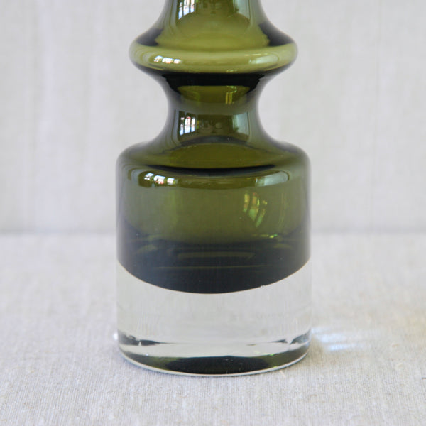 Thick clear glass foot on a cased, hooped "Pompadour" vase from Riihimäki, Finland. 
