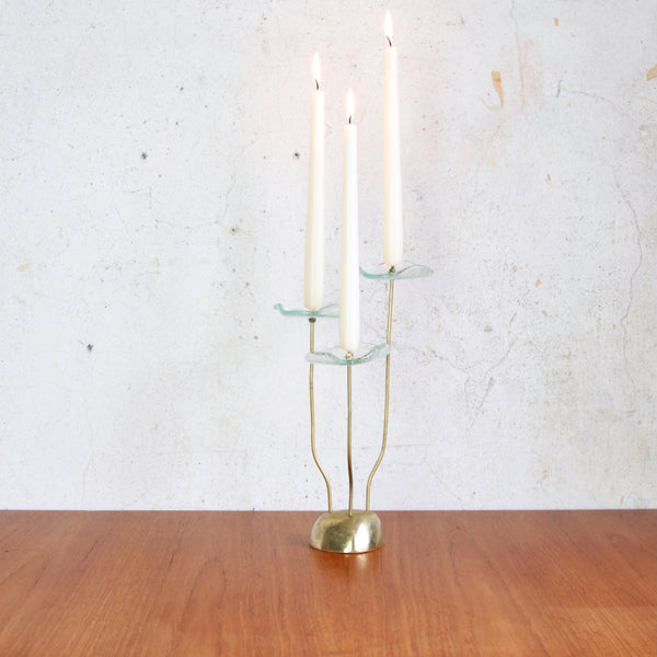 Unique handmade brass and glass candlestick, Nordic floral form, 1960s. Chic Bohemian Swedish country house style.