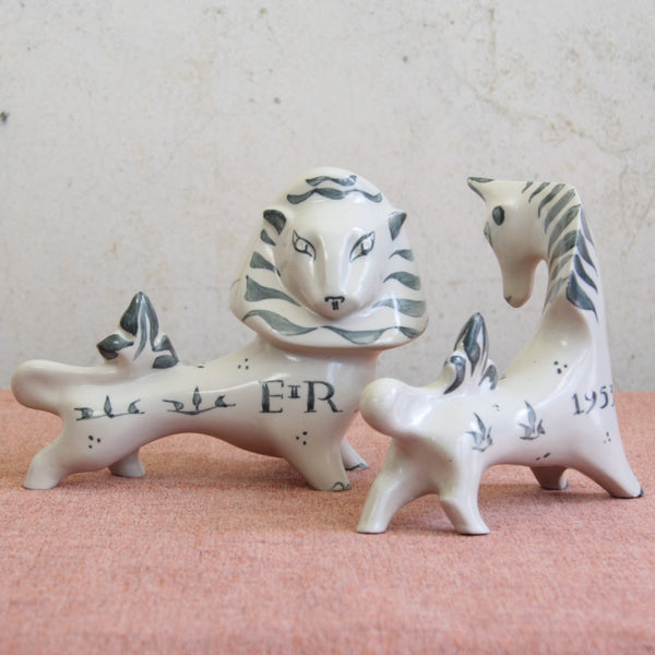 Two ceramic animal figurines, a lion and a unicorn, handcrafted by Susan Parkinson, Modernist 1950s design from Kentish pottery, England.