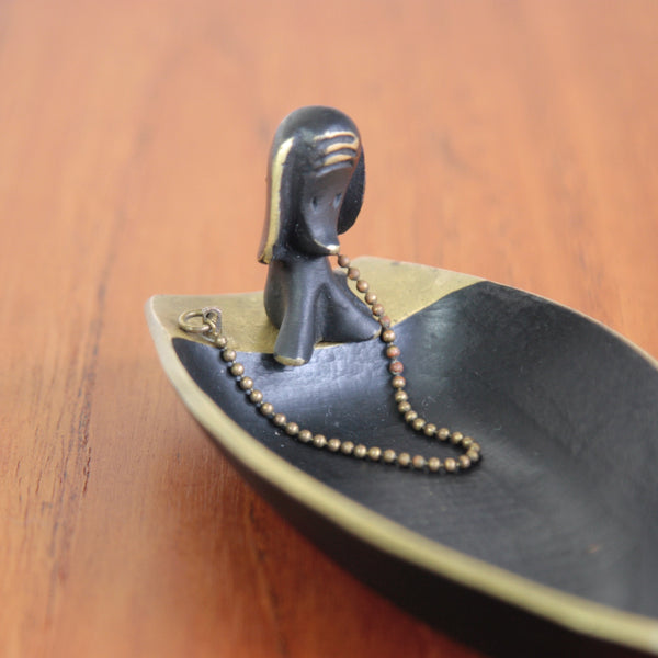 Handmade Vienna brass boat tray with dog, Walter Bosse design, Herta Baller workshop, mid-century collectible.
