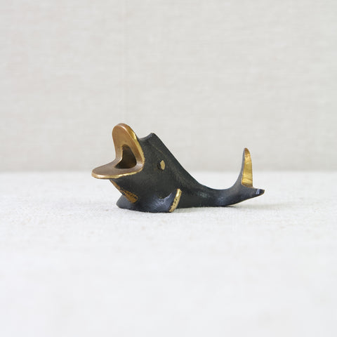 Low down lead image of a large black and gold Viennese bronze fish shaped pen holder designed by Walter Bosse for Herta Baller, Mid-20th century from Austria.
