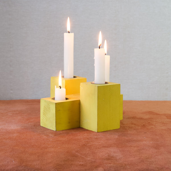 Mid Century Scandinavian unusual design candle holder by Erik Höglund for Boda Trä, blocks of wood painted yellow