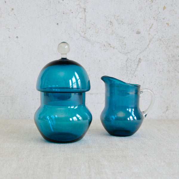 Helena Tynell Pomona creamer and lidded sugar bowl, fruit-inspired mid-century glass by Riihimäen Lasi Oy
