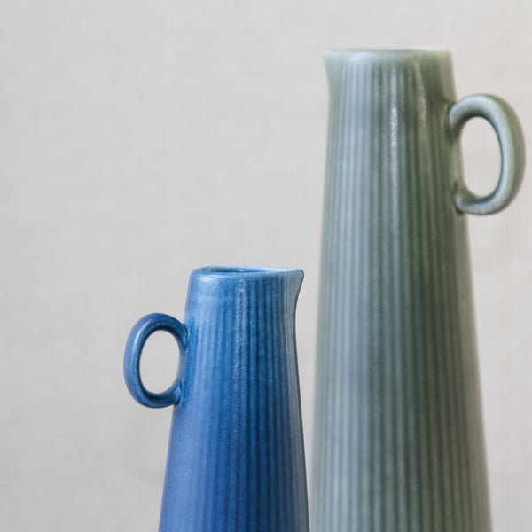 Detail of underglaze stripes on blue Ritzi vase designed by Gunnar Nylund and produced at the Rörstrand factory, Sweden, 1960's
