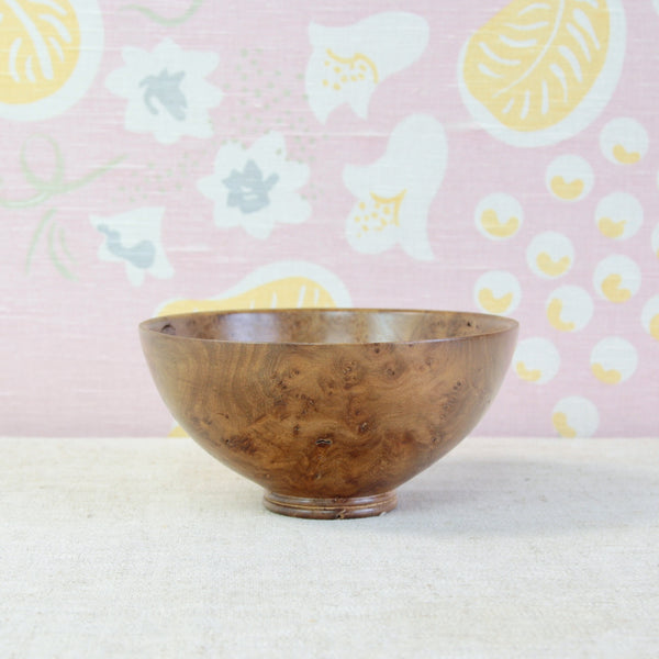 Collectable Richard Raffan woodturning from 1979, a beautifully simple elm burr bowl made during his early British studio craft period.
