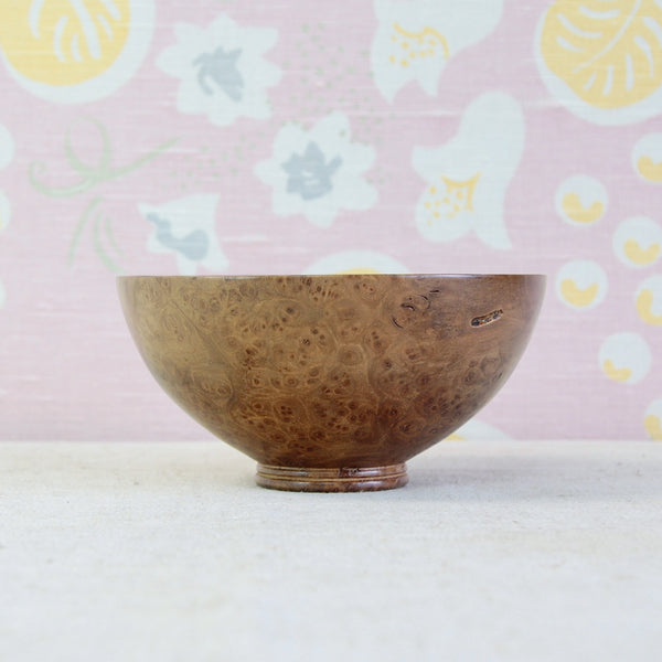 Richard Raffan elm burr bowl, hand turned in England in 1979, with richly figured swirling grain and natural knots.
