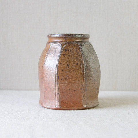 Wood fired stoneware brown vase with salt glaze by studio potter Micki Schloessingk, Wales, UK