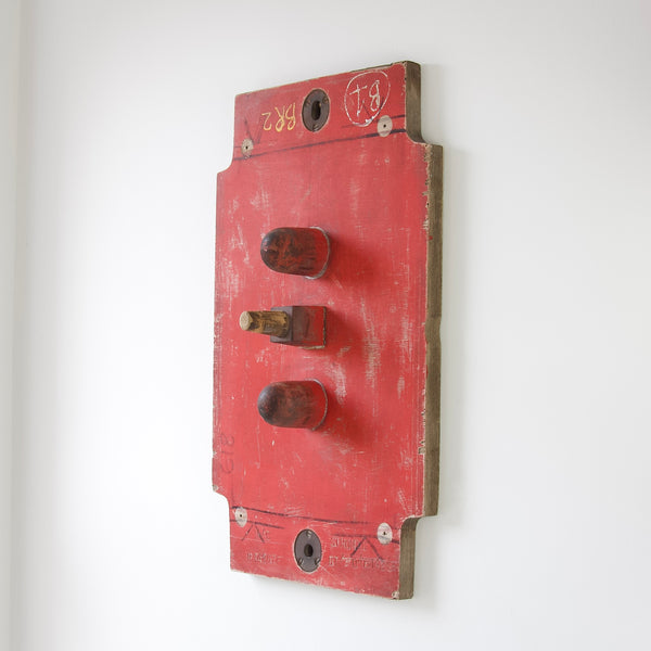 Industrial wall hanging art, bright red handmade sculpture for the home. British Industrial Heritage.