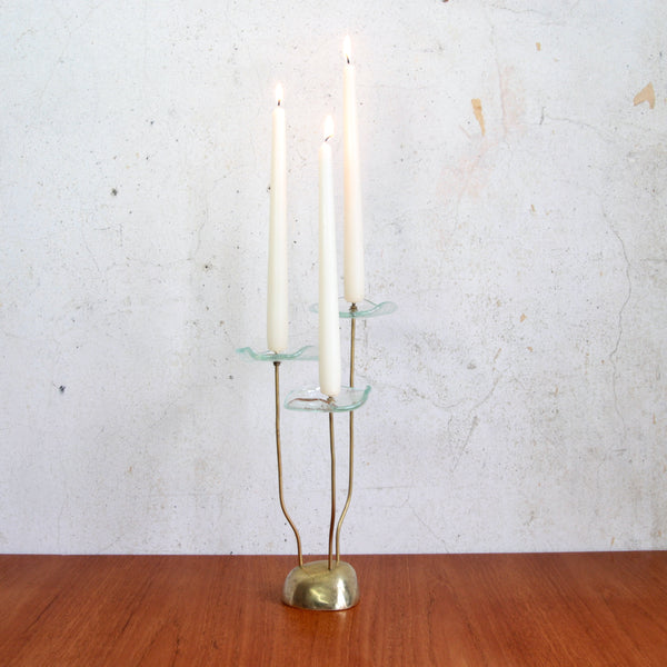 Decorative Swedish candlestick with organic brass base and stylised flower stems. A great Swedish country house accessory.