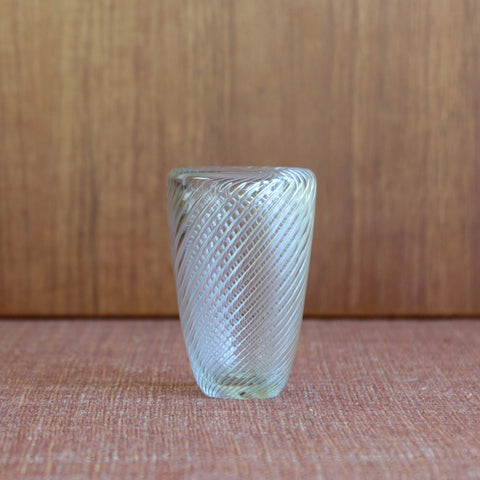 Finnish art glass by Kaj Franck from 1953, showing the rare Vire air-filigree pattern. Nuutajärvi Nostjo.