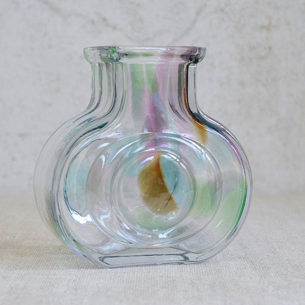 Riihimäen Lasi glass vase designed by Helena Tynell, combining tactile surface, unconventional silhouette and delicate multicolour flashing.