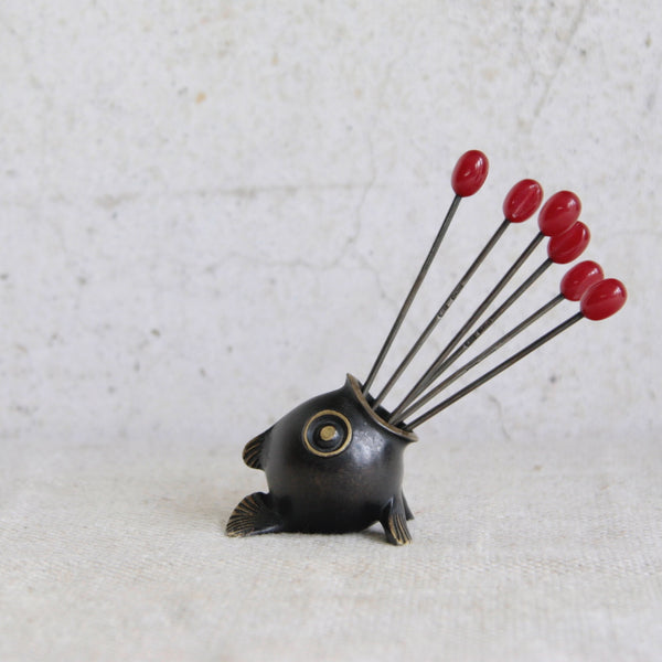 Richard Rohac gulping fish toothpick holder, Austrian brass c.1950, reflecting the artistry of Viennese modernism. This mid-century modern collectible and many others available from Art & Utility.