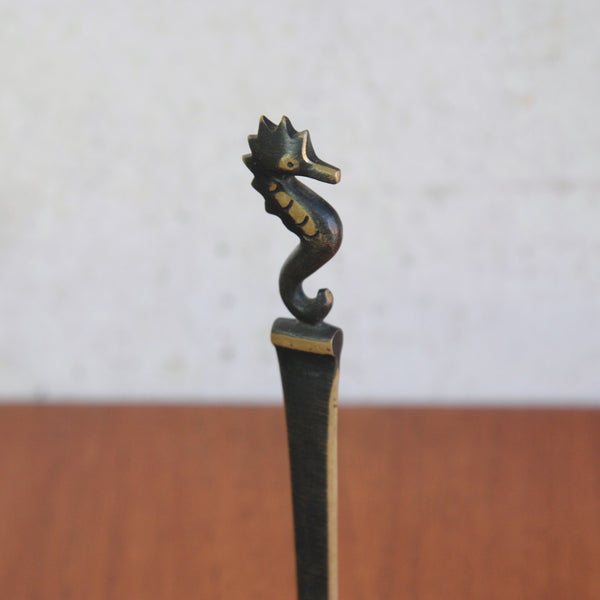 1950s modernist aquatic seahorse letter opener, Walter Bosse, for sale via UK gallery Art & Utility, specialists in Austrian brass.