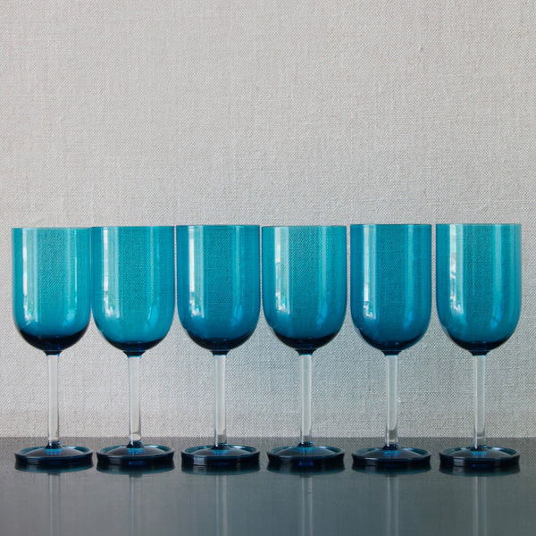 Group of six blue glass 'Harlekiini' wine glasses from Riihimaki Finland, designed by Nanny Still in 1958