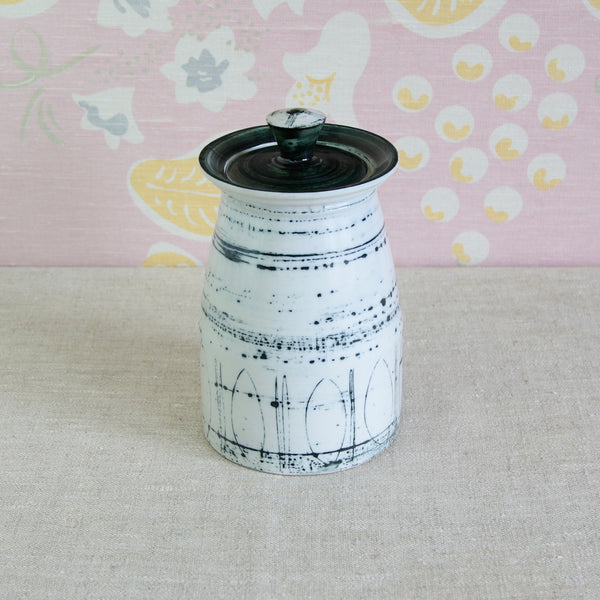 Susan Parkinson storage jar with geometric ovals, vertical lines and spontaneous painted marks
