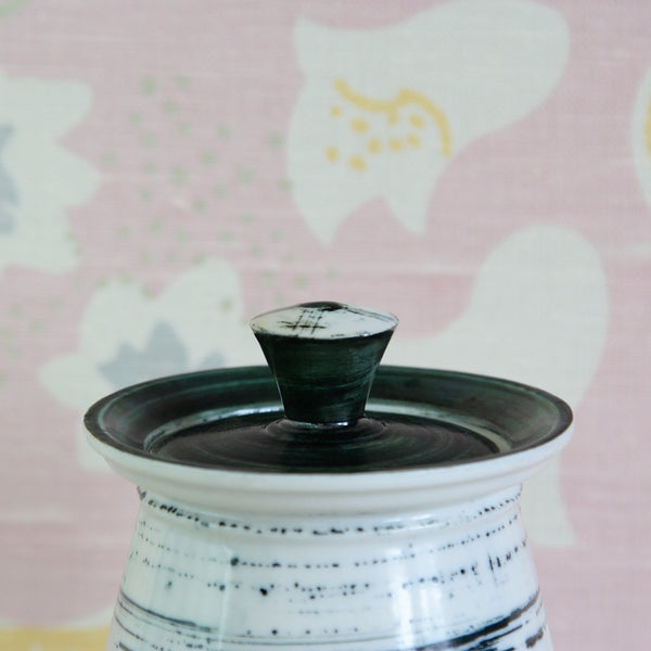 Susan Parkinson lidded porcelain storage jar with graphic black and white decoration