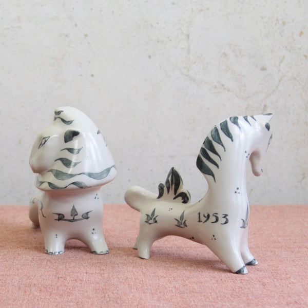 Mid-century Modern lion and unicorn pair by Susan Parkinson, handmade ceramic figures.