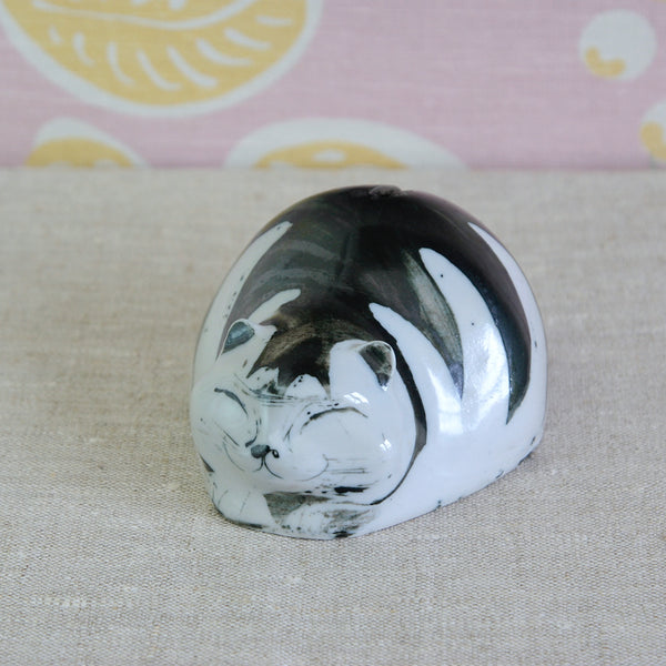 Susan Parkinson porcelain cat money box with stylised whiskers and a contented smile