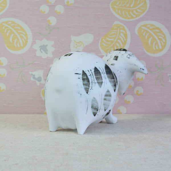 Bottom of Susan Parkinson Sheep sculpture with lively decoration characteristic of post-war British studio pottery