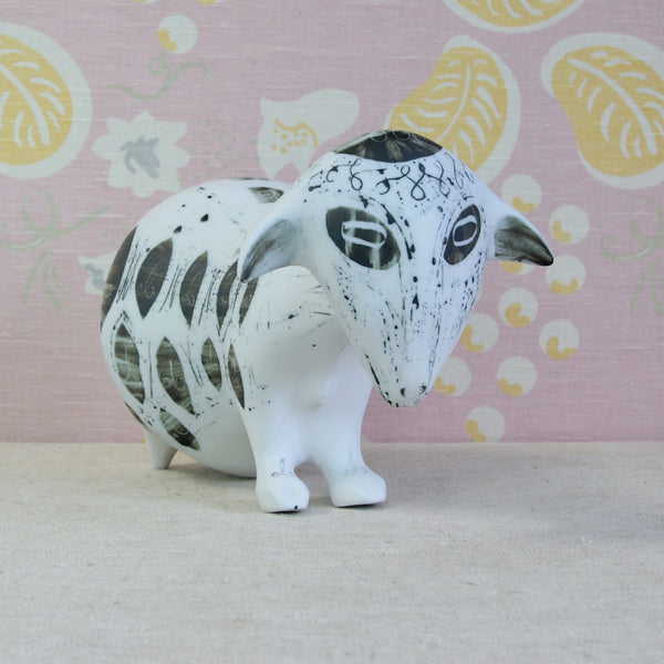 Susan Parkinson Sheep sculpture showing affinities with the expressive surface decoration of James Tower and post-war British ceramics