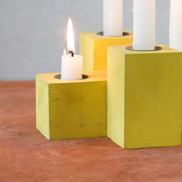 Detail of yellow painted pine candle holder handmade by Erik Höglund at Boda Trä, Sweden, 1960's