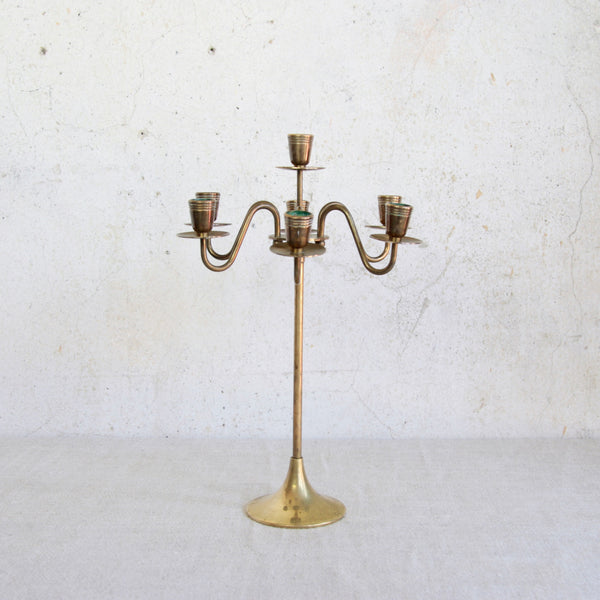 1950s Swedish seven-branch brass candelabra, a mid-century modernist Scandinavian design icon.