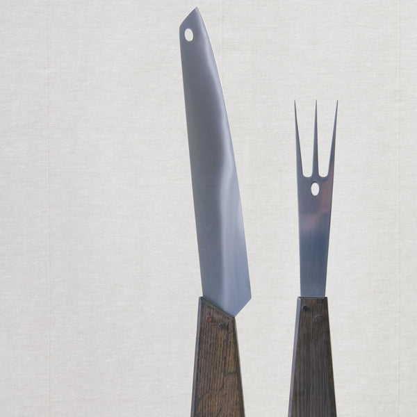 Close up of a ‘Finnpoint’ carving set stainless steel blade and fork, this set was designed by Tapio Wirkkala, in the 1970’s, for Hackman, Finland.