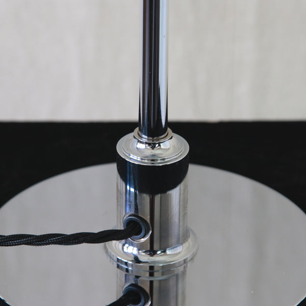 Close-up of a polished chrome lamp base on a Poul Henningsen Type 23405 PH 3/2 table light, a vintage 1970s Louis Poulsen design photographed for Art & Utility.