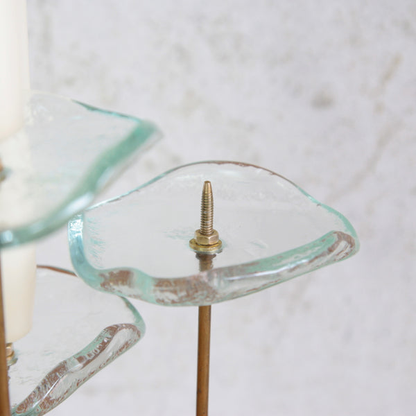 Delicate Scandinavian mid-century candlestick, brass stems with handmade glass petals.
