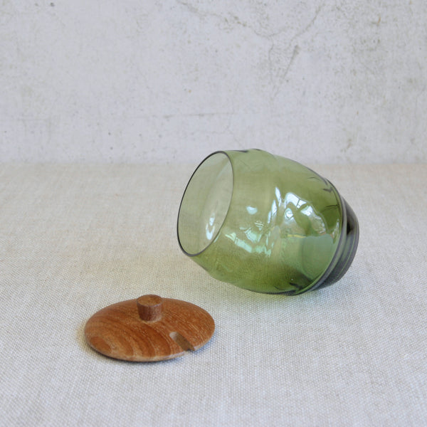 Swedish Modernist glass and wood storage jar designed by Erik Höglund for Boda, circa 1960. Early Boda Glass and Boda Tra collaboration.