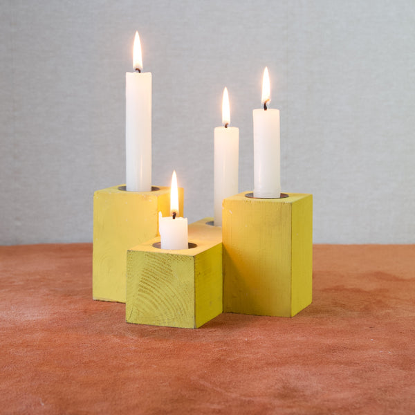 Unique Erik Höglund design from Boda Trä, a vintage Mid-Century Modernist pine candle holder painted yellow