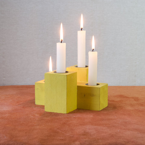 Yellow painted Swedish pine candle holder designed byErik Höglund for Boda trã, 1960's, bold colourful interior decor