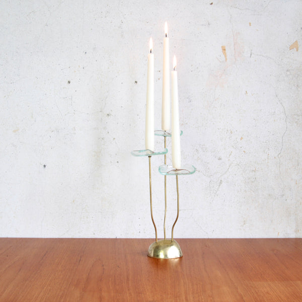 1960s Swedish candlestick in brass and glass, floral modernist design.
