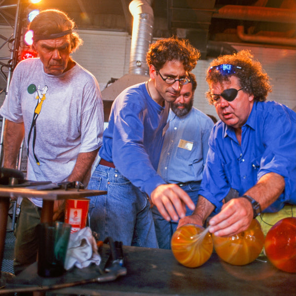 Unto Suominen, Joseph Rossano, hotshop team member, and Chihuly, Nuutajärvi glassblowing workshop, Finland, 1995.