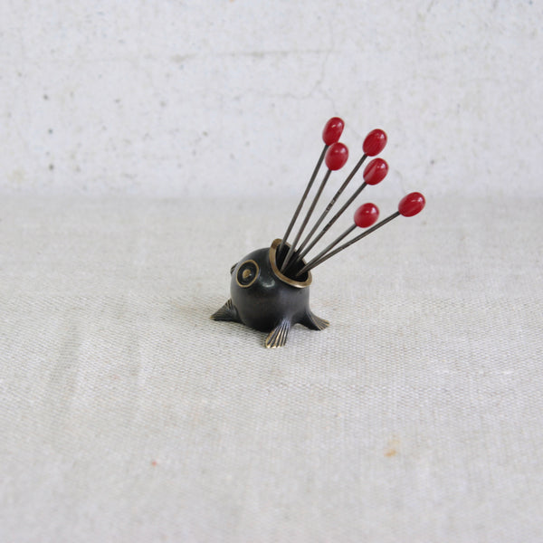 Modernist Vienna bronze fish toothpick holder by Richard Rohac, a functional and decorative collectible from mid-century Austria.